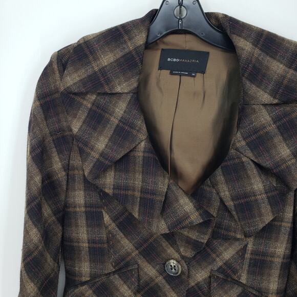 BCBGMaxazria Y2K Plaid Blazer Jacket XS Wool Ruffle Collar Brown Black BCBG - Picture 4 of 9